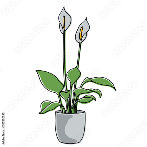 Vector illustration of a Peace Lily plant in a pot. Minimalist and aesthetic design, perfect for decoration, houseplant icons, and nature-themed design projects.