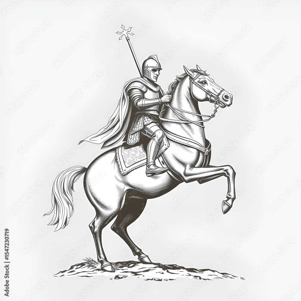 Fototapeta premium medieval knight in full armor riding a rearing horse, showcasing intricate, vintage engraving details sketch engraving PNG illustration. Scratch board imitation. Black and white image