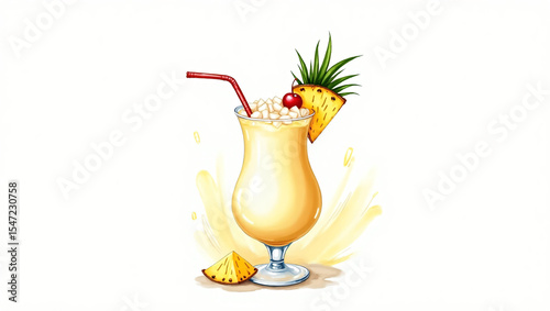 Watercolor Piña Colada Cocktail with Pineapple and Cherry – Tropical Creamy Drink Art