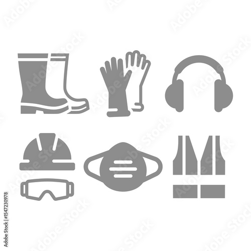 Ppe or personal protective equipment icon set. Workwear or gear, vest, mask and work hardhat with glasses and earmuffs icons.