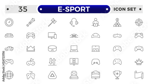 E-Sport outline icon set. Gaming icon elements containing points and life bars, console, player, chess, multiplayer, casino and mobile game icons. Video games, gaming, technology, gadget.