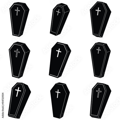 Nine black coffins with crosses in various angles