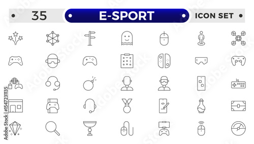 E-Sport outline icon set. Gaming icon elements containing points and life bars, console, player, chess, multiplayer, casino and mobile game icons. Video games, gaming, technology, gadget.