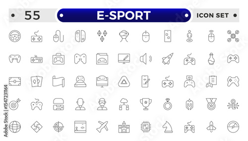E-Sport outline icon set. Gaming icon elements containing points and life bars, console, player, chess, multiplayer, casino and mobile game icons. Video games, gaming, technology, gadget.