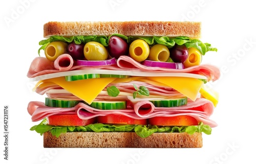 Layered sandwich with cheese olives lettuce cucumber and fresh tomato