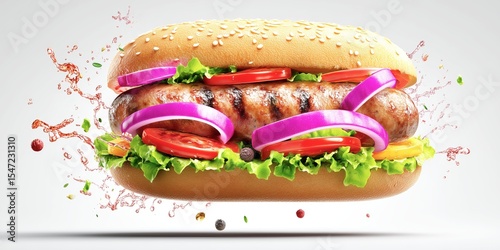 Grilled sausage in a sesame bun with lettuce tomato onion and pepper