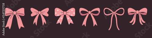 Vector set of cute pink bows in flat style. Fashion accessories for girls. Cute girlish bows collection in coquette style.