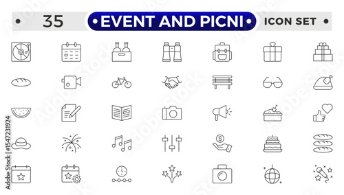 Event and Picnic Outline Icon Set – Food, Drinks, Outdoor Fun, and Festive Gatherings.