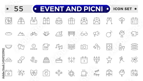 Event and Picnic Outline Icon Set – Food, Drinks, Outdoor Fun, and Festive Gatherings.