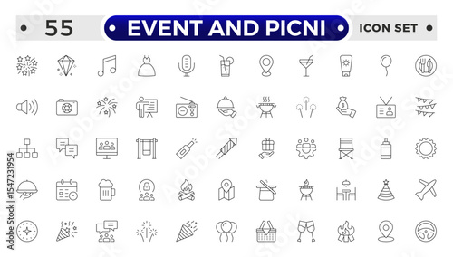 Event and Picnic Outline Icon Set – Food, Drinks, Outdoor Fun, and Festive Gatherings.