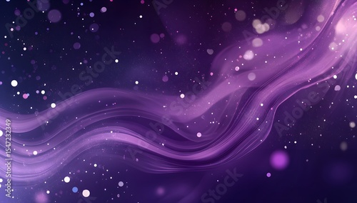 Abstract purple background with swirls of liquid paint, glitter, and white ink.