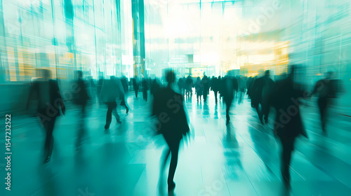 Sustainability in business center concept, business people crowd walking at corporate office in green city downtown, Abstract motion blur image, blurred background