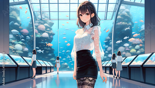 Elegant Woman in Aquarium Dome