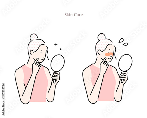 Illustration of a woman suffering from sunburn and a woman with well-cared-for skin vector material.日焼けに悩む女性とスキンケアをして肌の整った女性のイラストベクター素材