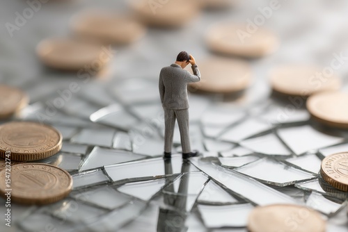 Tax audits must balance oversight and burden. 
A miniature businessman stands on shattered glass surrounded by coins, symbolizing financial crisis or economic uncertainty.