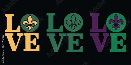 Colorful love text with fleur de lis emblems representing the spirit of new orleans