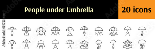 Set of Insurance Related Line Icons. People and Family under Umbrella Outline Signs for Graphic and Web Design, Apps, Adverts, Various Cards