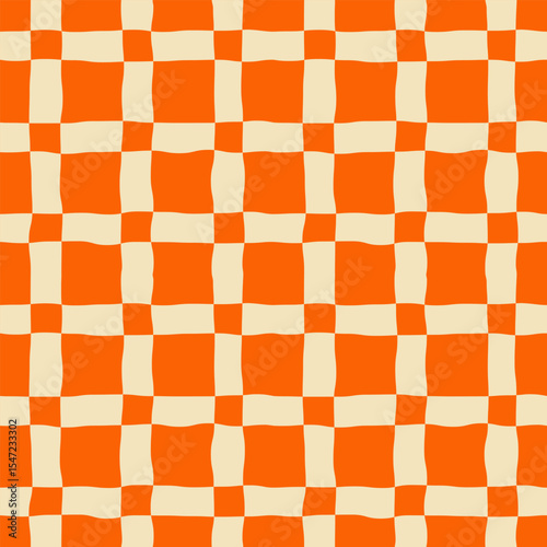 Seamless monochrome abstract pattern of light wavy checkered stripes on orange background, simple hand drawn vector illustration, flat style