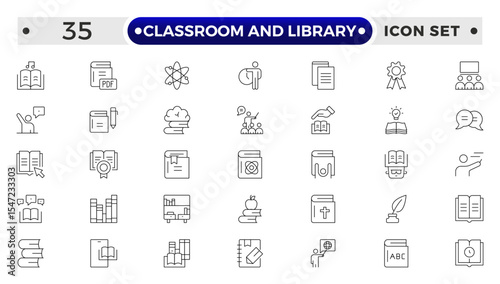Classroom and Library Outline icon set. study space icon, quiet area badge, library tag, group study file, classroom environment board, study room chart, productive space bubble, academic setting.