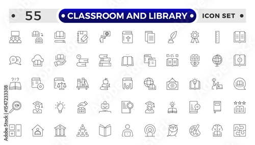 Classroom and Library Outline icon set. study space icon, quiet area badge, library tag, group study file, classroom environment board, study room chart, productive space bubble, academic setting.