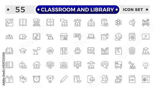 Classroom and Library Outline icon set. study space icon, quiet area badge, library tag, group study file, classroom environment board, study room chart, productive space bubble, academic setting.