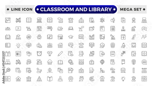 Classroom and Library Outline icon set. study space icon, quiet area badge, library tag, group study file, classroom environment board, study room chart, productive space bubble, academic setting.