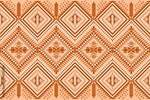 A rich, seamless geometric ethnic pattern in warm brown and orange tones, intricate tribal motifs and stylized floral elements within diamond shapes. Ideal for textiles, print, wallpaper, background.