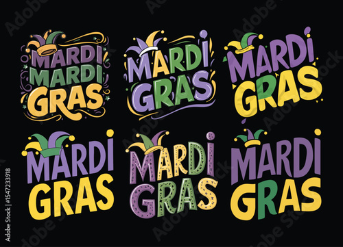 Colorful mardi gras typography designs with jester hats against a black background for celebration