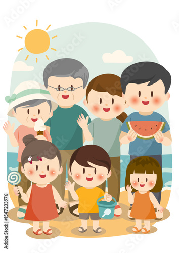 Happy Family Vacation at the Seaside – Summer Holiday Concept、夏のビーチで団らんする家族のかわいいイラスト