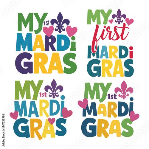 Colorful vector designs celebrating a child's first mardi gras party with hearts and fleur de lis