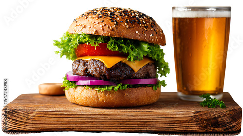 Juicy cheeseburger with beer on wooden board isolated on transparent background