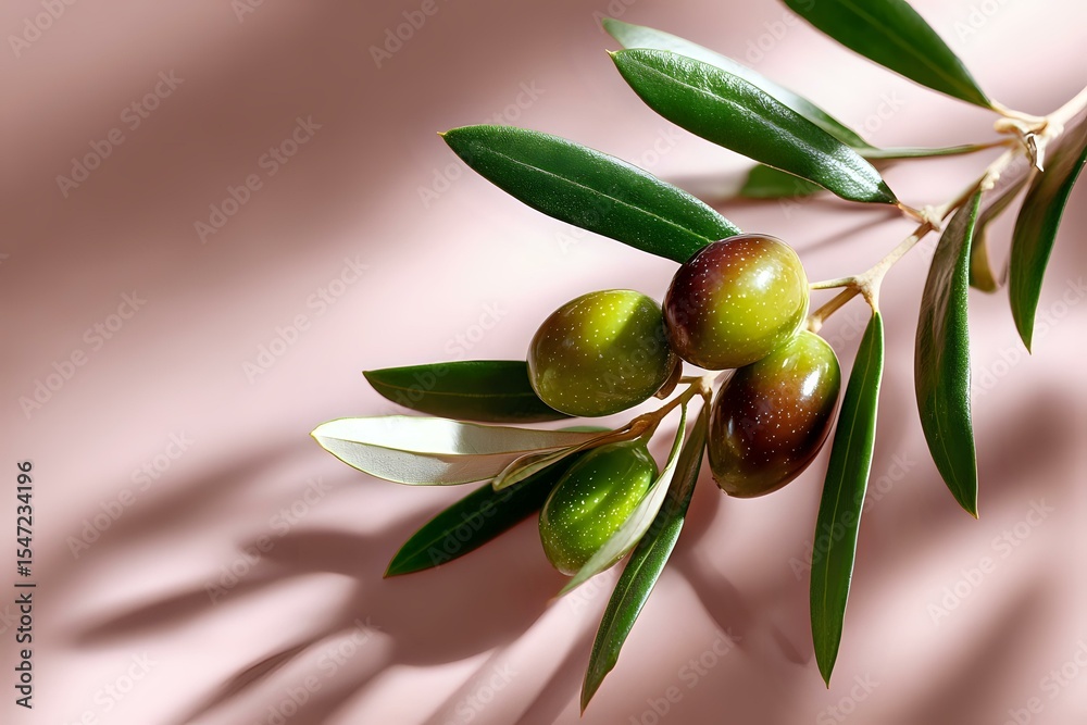 Obraz premium Fresh green olives and leaves on olive branch against pink background with natural shadow overlay, Mediterranean cuisine and harvest concept.