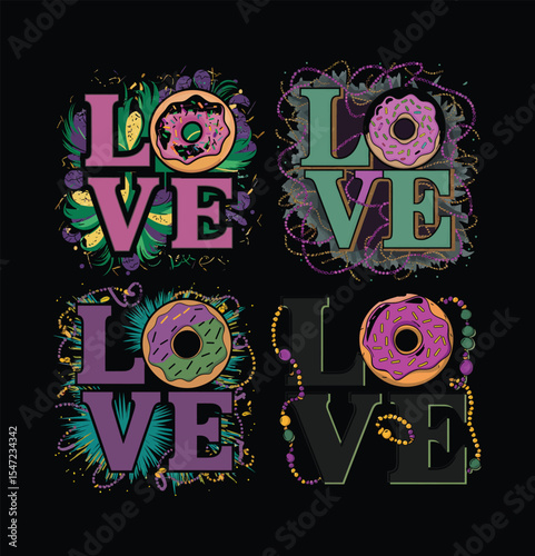 Festive love design featuring donuts and beads in celebration of mardi gras
