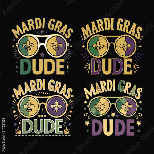 Festive mardi gras dude design featuring sunglasses fleur de lis and party theme decorations