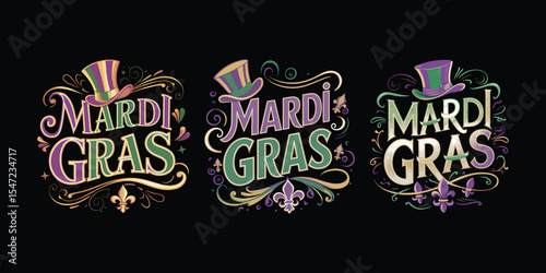 Festive mardi gras typography designs with top hats and fleur de lis on black background