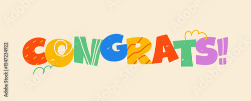 "Congrats" text, banner. Modern inscription "congrats" on a light background from multi-colored large letters, chalk texture; simple cute vector illustration,  flat style