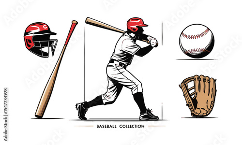 Modern vector illustration titled Baseball Collection featuring five key elements, a baseball player  protective catcher's helmet, a classic stitched baseball, a leather glove, easily editable.