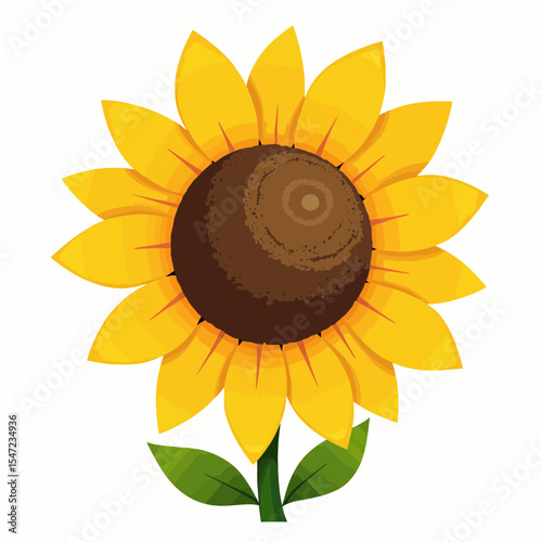 Bright sunflower with yellow petals and green leaves  