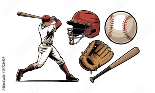 Modern vector illustration titled Baseball Collection featuring five key elements, a baseball player  protective catcher's helmet, a classic stitched baseball, a leather glove, easily editable.