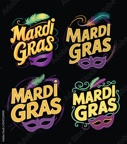 Four colorful mardi gras celebration designs featuring masks feathers and decorative typography