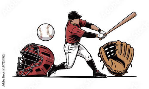 Modern vector illustration titled Baseball Collection featuring five key elements, a baseball player  protective catcher's helmet, a classic stitched baseball, a leather glove, easily editable.