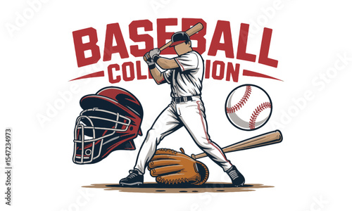 Modern vector illustration titled Baseball Collection featuring five key elements, a baseball player  protective catcher's helmet, a classic stitched baseball, a leather glove, easily editable.