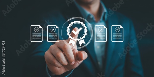 Quality Assurance in a Click: A person's finger points to a digital seal, indicating a concept of quality, and approved documents, signifying the importance of quality assurance and certification