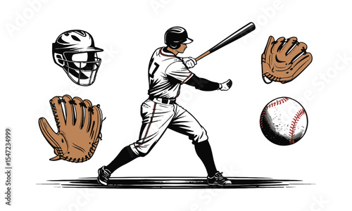 Modern vector illustration titled Baseball Collection featuring five key elements, a baseball player  protective catcher's helmet, a classic stitched baseball, a leather glove, easily editable.