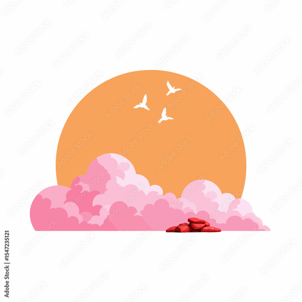 Fototapeta premium Sunset with pink clouds and birds flying in the orange sky