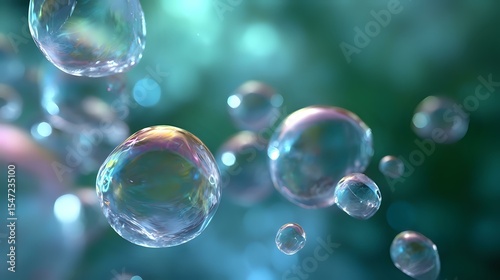 Wallpaper Mural Floating soap bubbles with iridescent rainbow reflections against blurred emerald green background create dreamy atmospheric composition. Macro photography. Torontodigital.ca