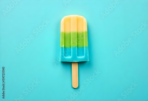 A popsicle with yellow, green, and blue stripes on a wooden stick, the background is a solid yellow color, top-down view