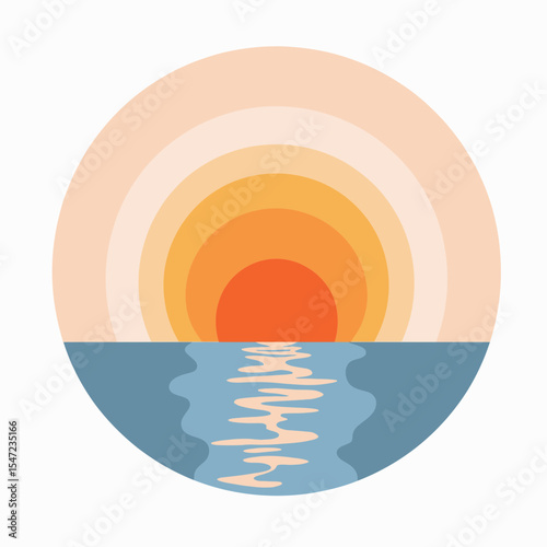 Abstract sunset illustration with circular design and ocean reflection  