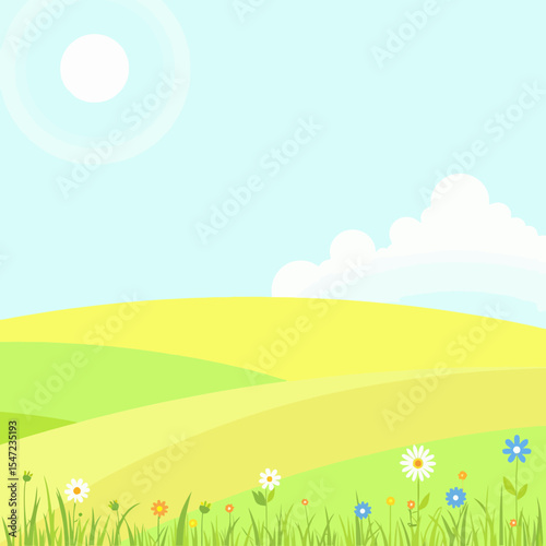 Abstract landscape with rolling green hills and flowers in summer  