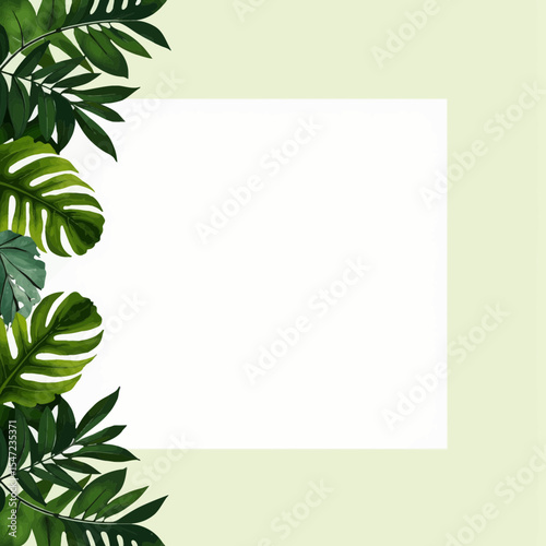 Tropical leaves border on light background for design or decoration  